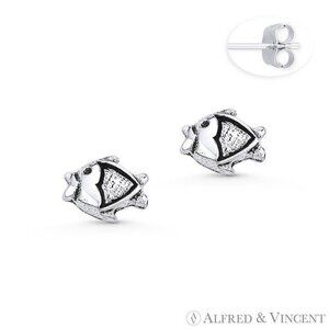 Fish Charm Animal Stud Earrings in Oxidized .925 Sterling Silver